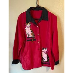 Vtg Bob Mackie Button-Down Cat Blouse Embroidered Cats Novelty